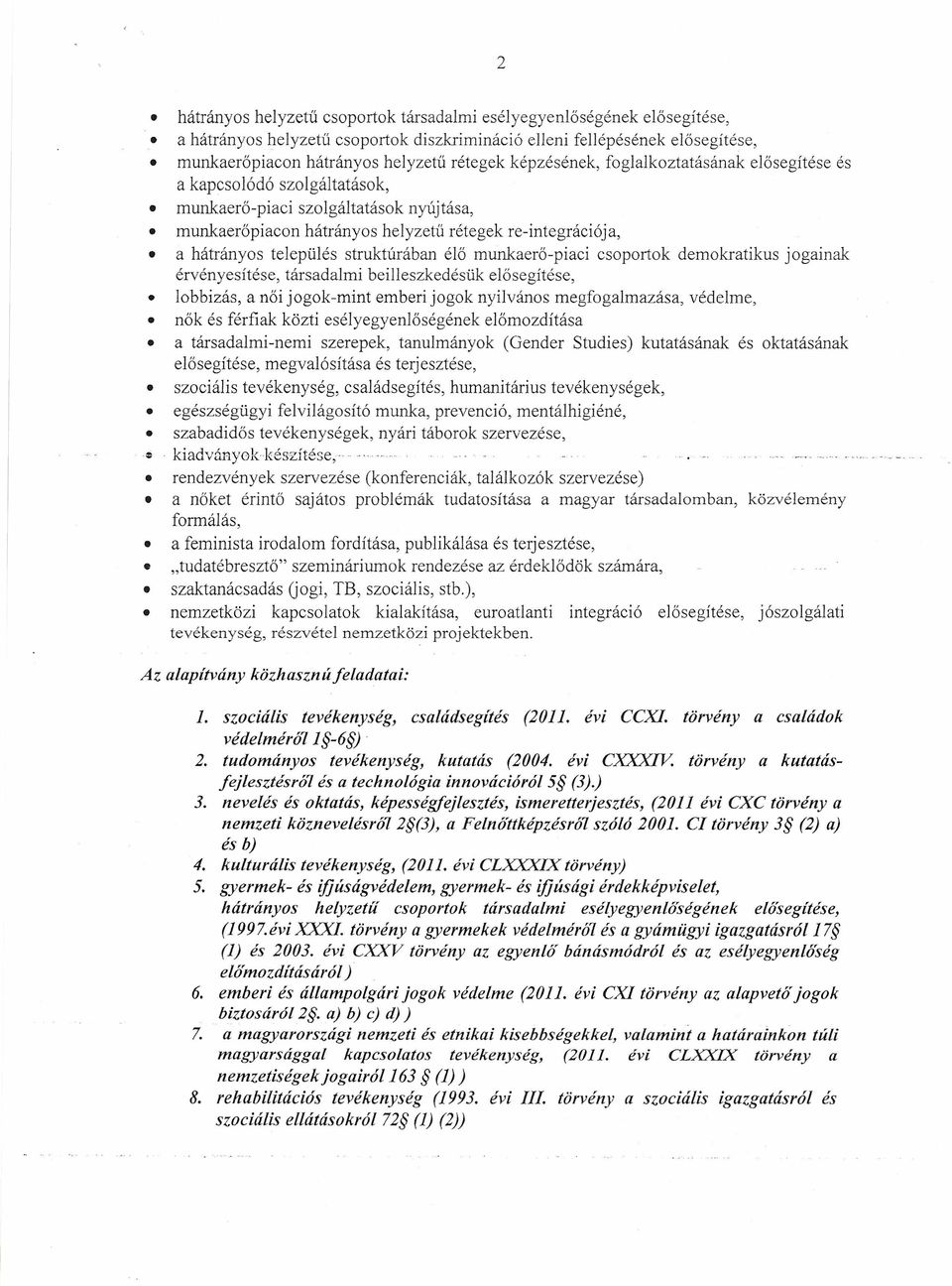 struktúrában élő munkaerő-piaci csoportok demokratikus jogainak érvényesítése, társadalmi beilleszkedésük elősegítése, lobbizás, a női jogok-mint emberi jogok nyilvános megfogalmazása, védelme, nők