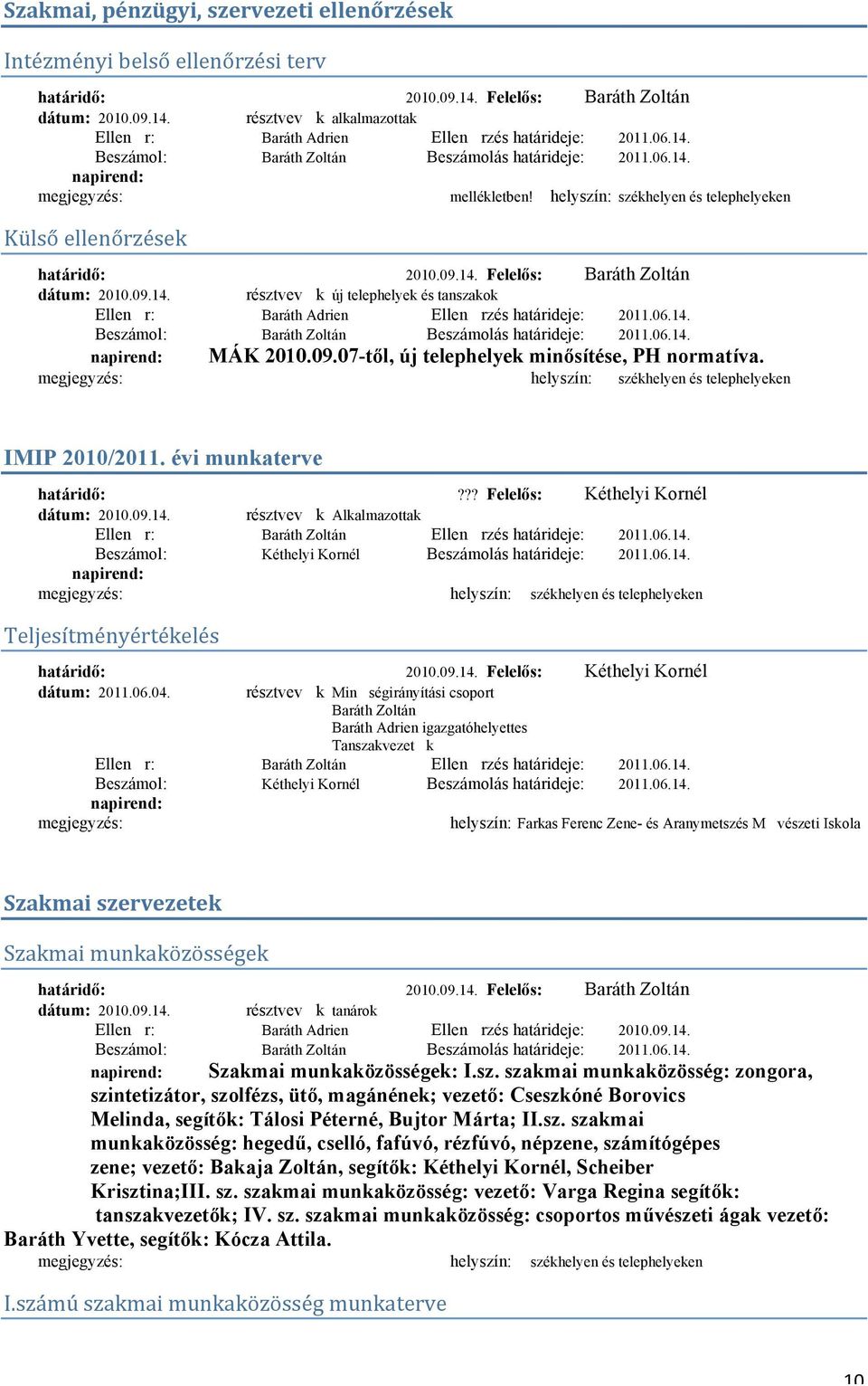 IMIP 2010/2011. évi munkaterve határidő:??? Felelős: Kéthelyi Kornél dátum: 2010.09.14. résztvev k Alkalmazottak Beszámol: Kéthelyi Kornél Beszámolás határideje: 2011.06.14. Teljesítményértékelés határidő: 2010.