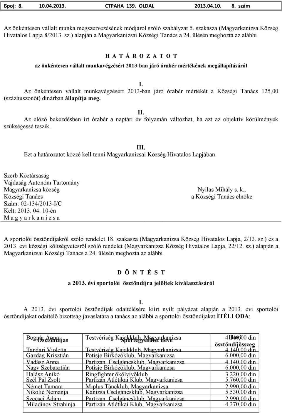 Az önkéntesen vállalt munkavégzésért 2013-ban járó órabér mértékét a 125,00 (százhuszonöt) dinárban állapítja meg. II.