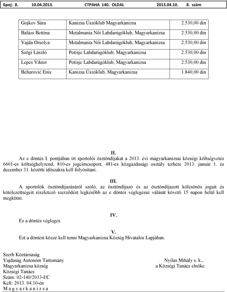 530,00 din Beharović Enis Kanizsa Úszóklub, Magyarkanizsa 1.840,00 din II. Az e döntés I. pontjában írt sportolói ösztöndíjakat a 2013.