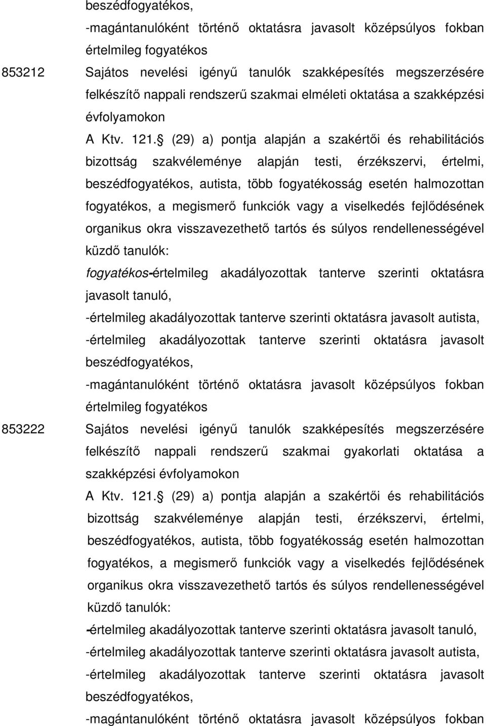 szerinti oktatásra, 853222 Sajátos nevelési igényő tanulók szakképesítés megszerzésére felkészítı nappali rendszerő szakmai