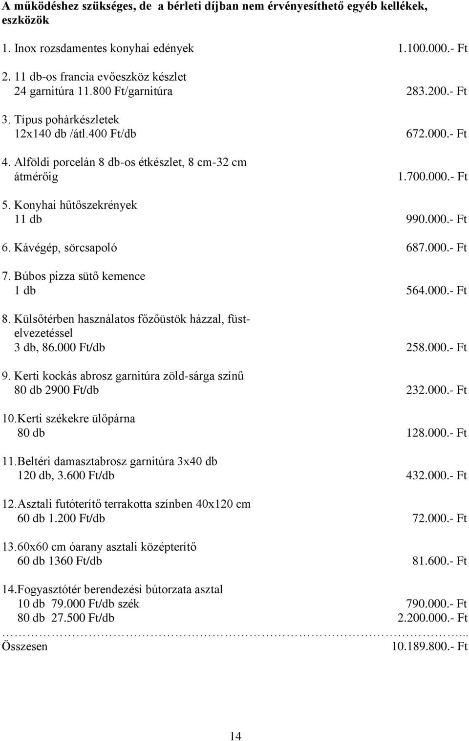 Konyhai hűtőszekrények 11 db 990.000.- Ft 6. Kávégép, sörcsapoló 687.000.- Ft 7. Búbos pizza sütő kemence 1 db 564.000.- Ft 8. Külsőtérben használatos főzőüstök házzal, füstelvezetéssel 3 db, 86.