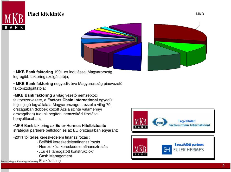 valamennyi országában) tudunk segíteni nemzetközi fizetések bonyolításában; MKB Bank faktoring az Euler-Hermes Hitelbiztosító stratégiai partnere belföldön és az EU országaiban egyaránt; 2011 től
