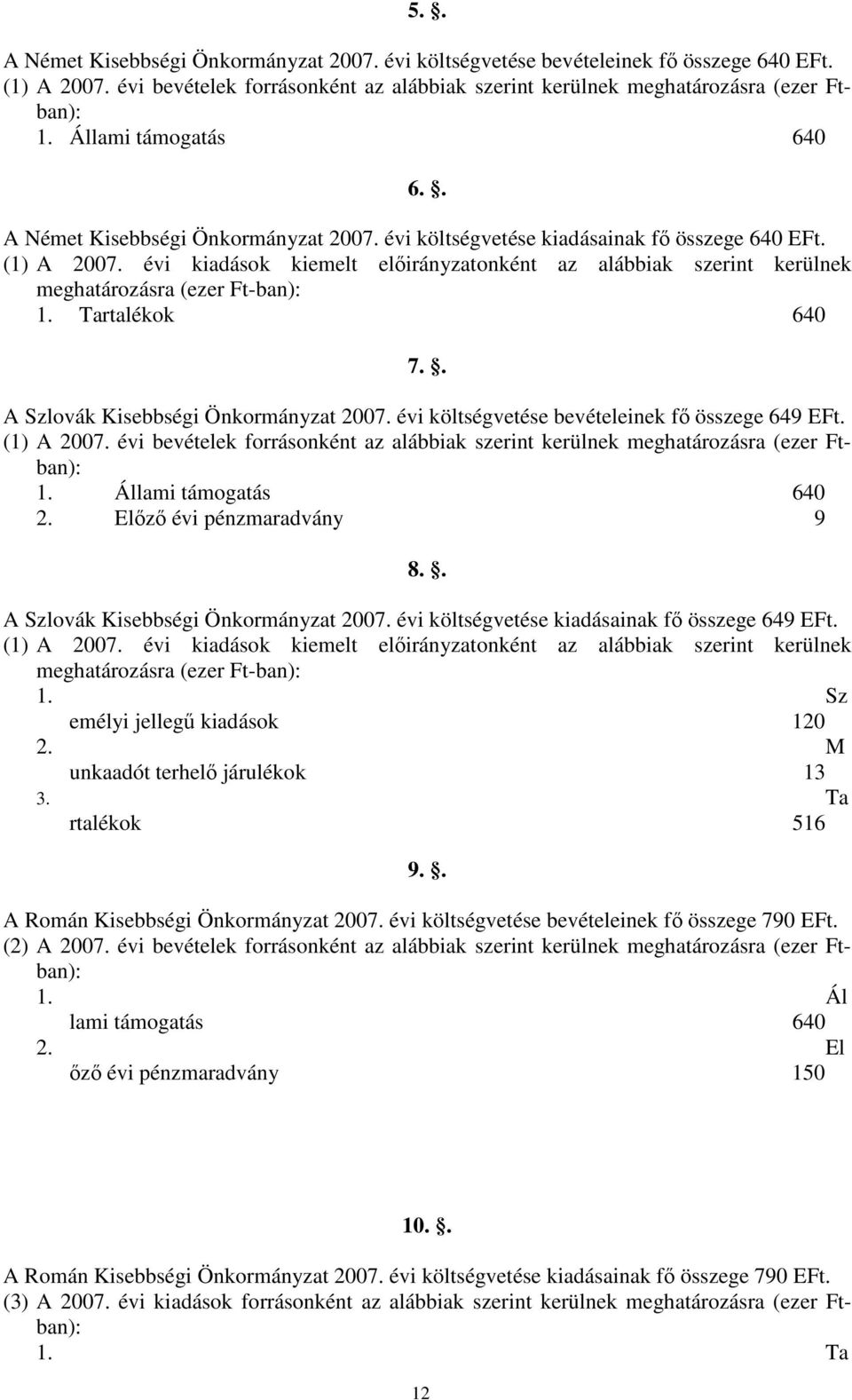 évi kiadások kiemelt elıirányzatonként az alábbiak szerint kerülnek meghatározásra (ezer Ft-ban): 1. Tartalékok 640 7.. A Szlovák Kisebbségi Önkormányzat 2007.