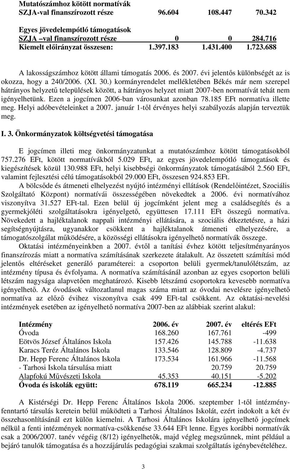 ) kormányrendelet mellékletében Békés már nem szerepel hátrányos helyzető települések között, a hátrányos helyzet miatt 2007-ben normatívát tehát nem igényelhetünk.