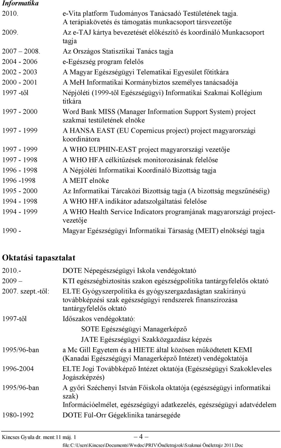 Az Országos Statisztikai Tanács tagja 2004-2006 e-egészség program felelős 2002-2003 A Magyar Egészségügyi Telematikai Egyesület főtitkára 2000-2001 A MeH Informatikai Kormánybiztos személyes