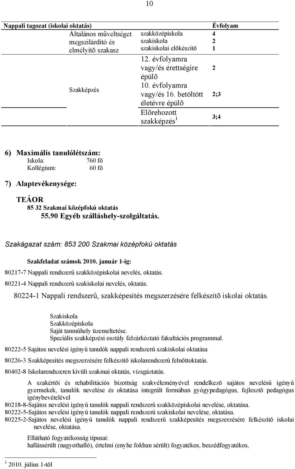 betöltött 2;3 életévre épülõ Elõrehozott szakképzés 1 3;4 6) Maximális tanulólétszám: Iskola: 760 fõ Kollégium: 60 fõ 7) Alaptevékenysége: TEÁOR 85 32 Szakmai középfokú oktatás 55.