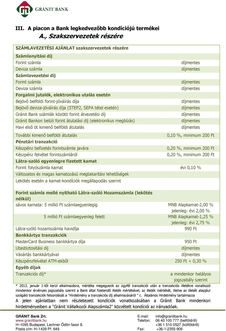utalás esetén Bejövő belföldi forint-jóváírás díja Bejövő deviza-jóváírás díja (STEP2, SEPA tétel esetén) Gránit Bank számlák közötti forint átvezetési díj Gránit Bankon belüli forint átutalási díj