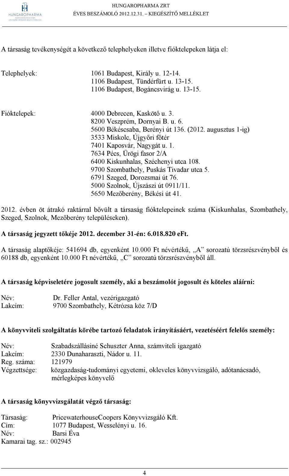 9700 Szombathely, Puskás Tivadar utca 5. 6791 Szeged, Dorozsmai út 76. 5000 Szolnok, Újszászi út 0911/11. 5650 Mezőberény, Békési út 41. 2012.