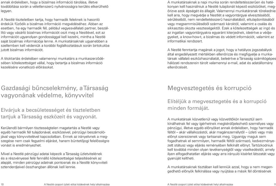 Abban az esetben, ha egy harmadik fél, például vegyesvállalati partner, beszállító vagy vásárló bizalmas információt oszt meg a Nestlével, ezt az információt ugyanolyan gondossággal kell kezelni,