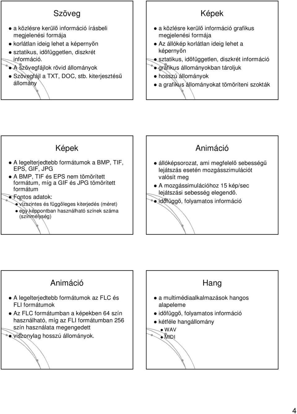 kiterjesztés állomány Képek a közlk zlésre kerül grafikus megjelenési formája Az állókép p korlátlan ideig lehet a képerny n sztatikus, id független ggetlen,, diszkrét t grafikus állományokban