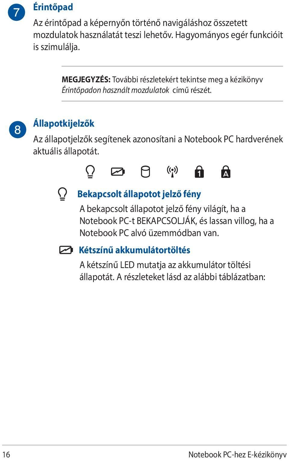 Állapotkijelzők Az állapotjelzők segítenek azonosítani a Notebook PC hardverének aktuális állapotát.