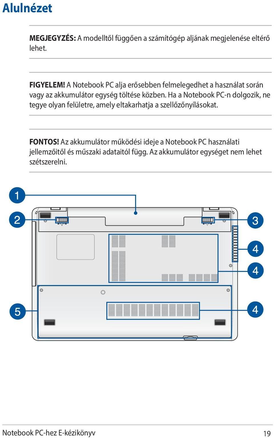 Ha a Notebook PC-n dolgozik, ne tegye olyan felületre, amely eltakarhatja a szellőzőnyílásokat. FONTOS!