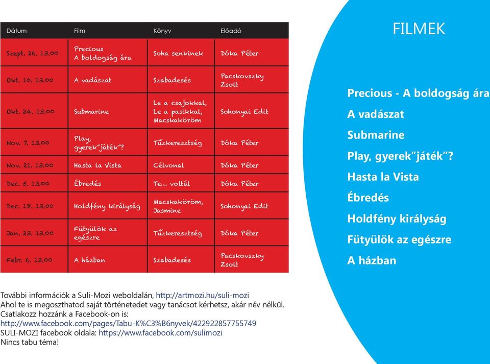 18. 13.00 Jan. 23. 13.00 Holdfény királyság Fütyülök az egészre Macskaköröm, Jasmine Tuzkeresztség óó Febr. 6. 13.00 A házban Szabadesés Sohonyai Edit Dóka Péter Pacskovszky Zsolt Precious - A boldogság ára A vadászat Submarine Play, gyerek játék?