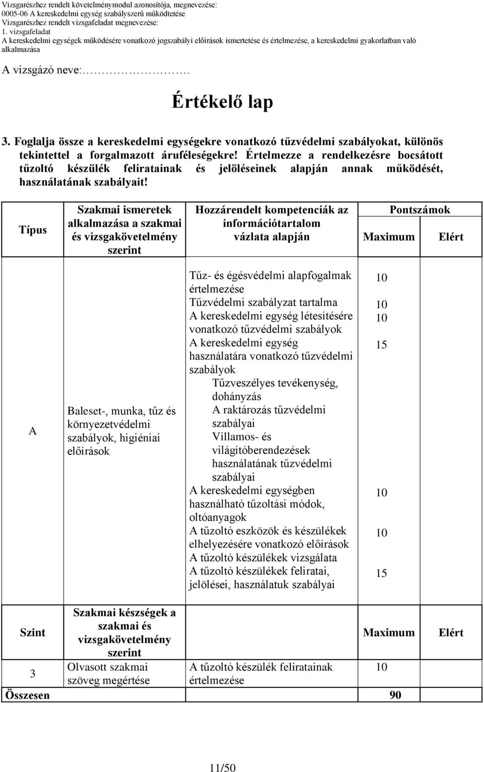 Típus Szakmai ismeretek a szakmai és Hozzárendelt kompetenciák az információtartalom vázlata alapján Pontszámok A Baleset-, munka, tűz és környezetvédelmi szabályok, higiéniai előírások Tűz- és