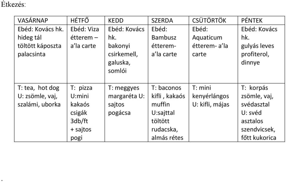 bakonyi csirkemell, galuska, somlói Ebéd: Kovács hk.