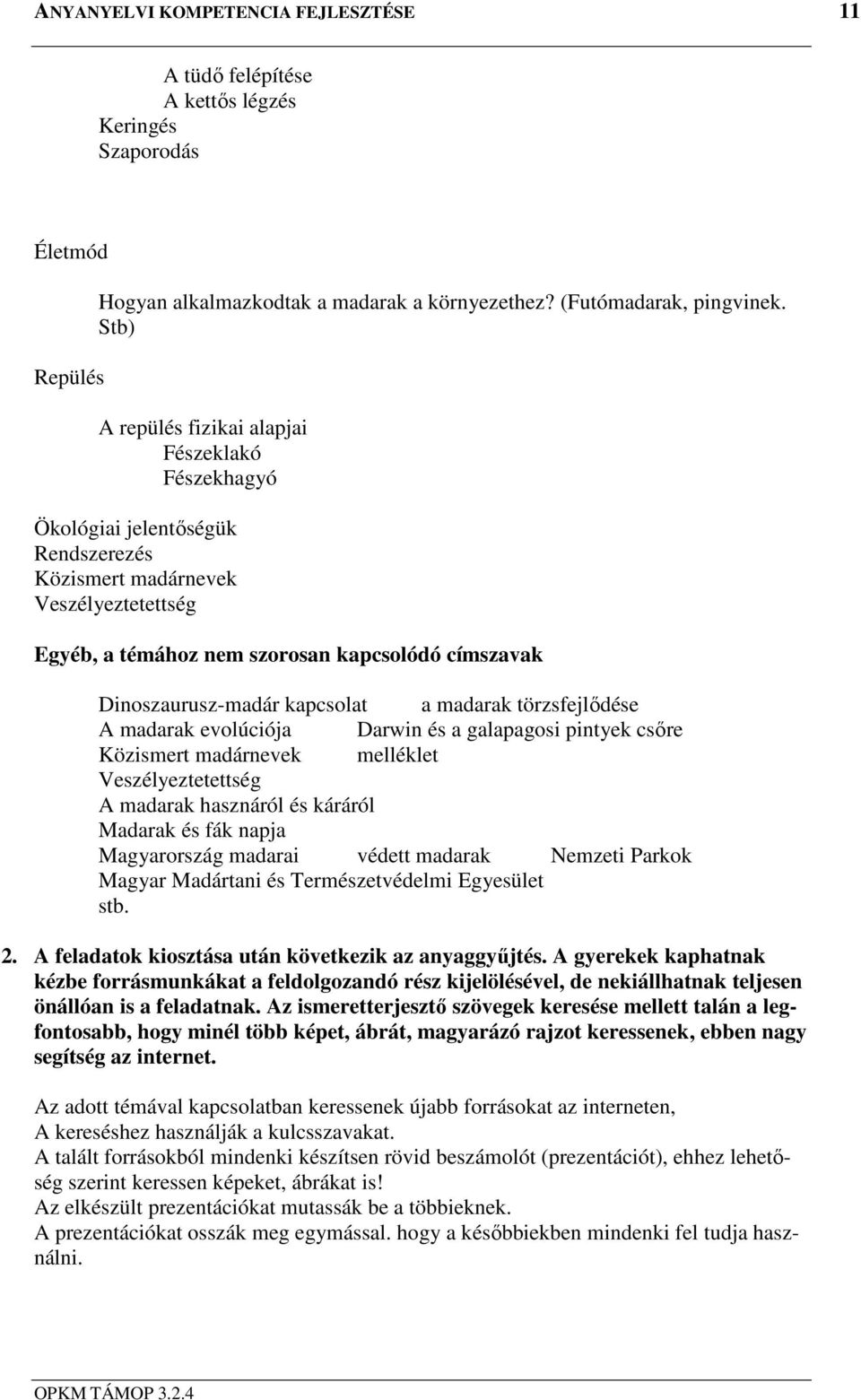 kapcsolat a madarak törzsfejlődése A madarak evolúciója Darwin és a galapagosi pintyek csőre Közismert madárnevek melléklet Veszélyeztetettség A madarak hasznáról és káráról Madarak és fák napja