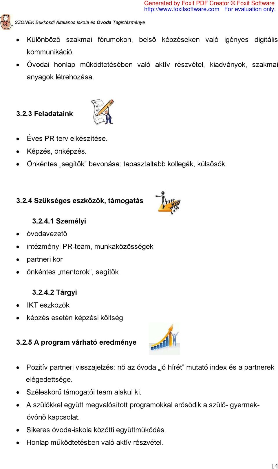 Szükséges eszközök, támogatás 3.2.4.1 Személyi óvodavezető intézményi PR-team, munkaközösségek partneri kör önkéntes mentorok, segítők 3.2.4.2 Tárgyi IKT eszközök képzés esetén képzési költség 3.2.5 A program várható eredménye Pozitív partneri visszajelzés: nő az óvoda jó hírét mutató index és a partnerek elégedettsége.