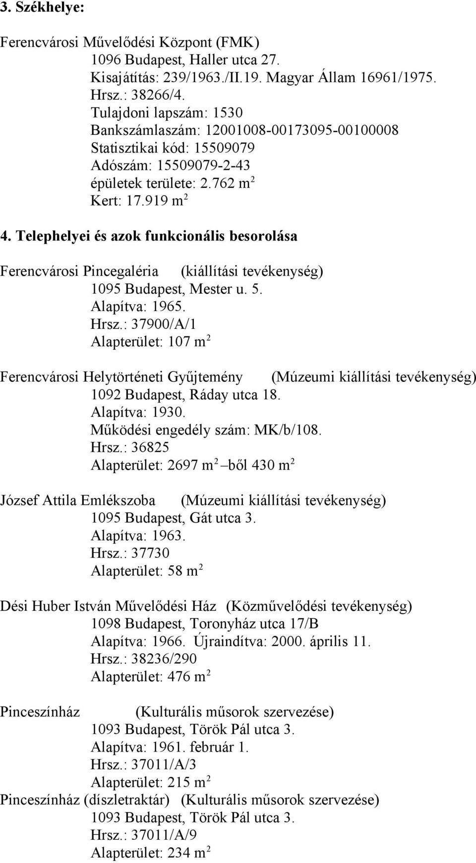 Telephelyei és azok funkcionális besorolása Ferencvárosi Pincegaléria (kiállítási tevékenység) 1095 Budapest, Mester u. 5. Alapítva: 1965. Hrsz.