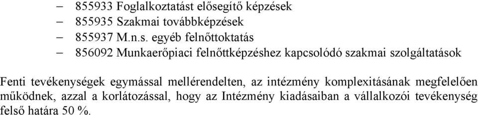 Munkaerőpiaci felnőttképzéshez kapcsolódó szakmai szolgáltatások Fenti tevékenységek