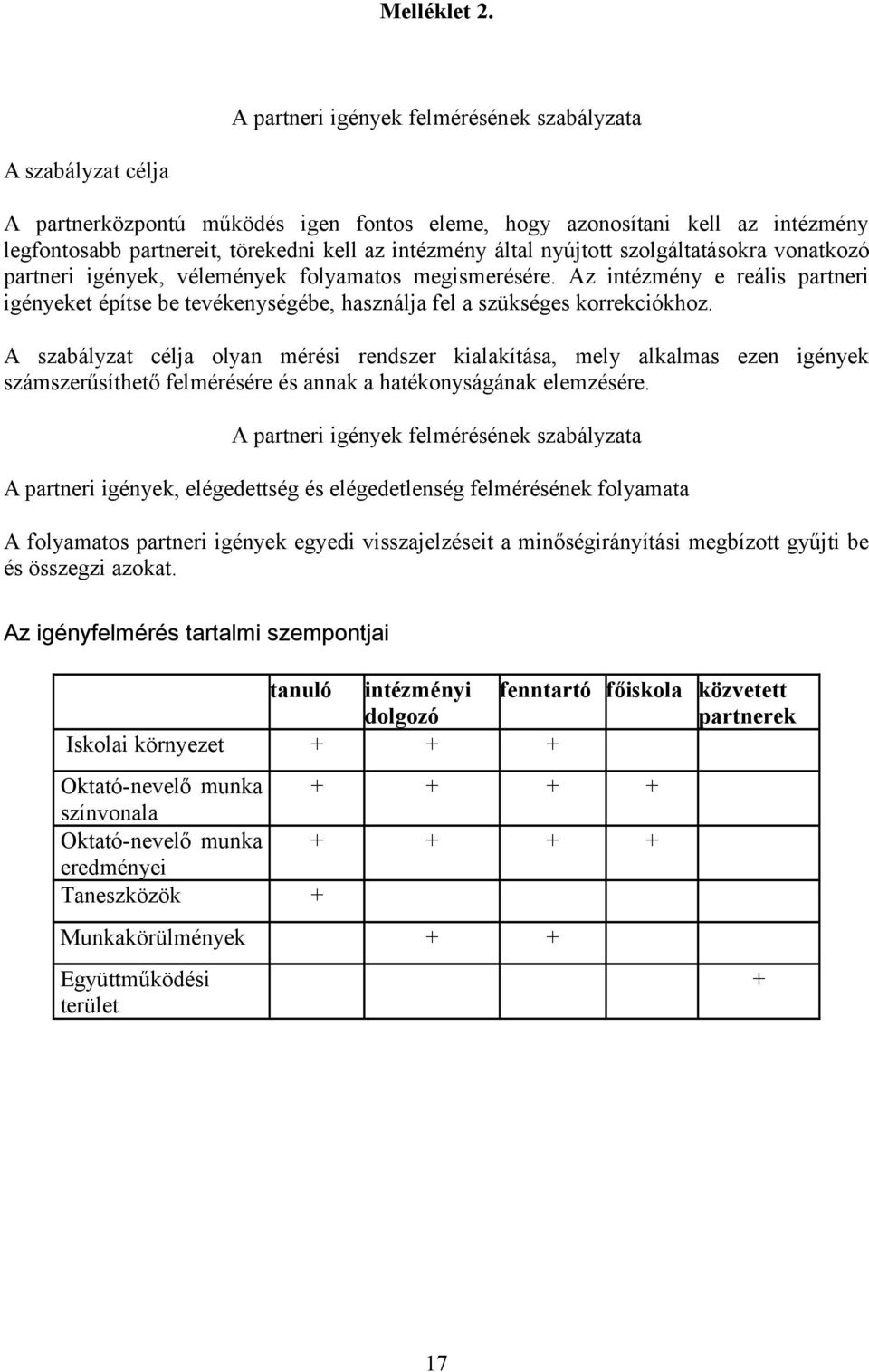 által nyújtott szolgáltatásokra vonatkozó partneri igények, vélemények folyamatos megismerésére.