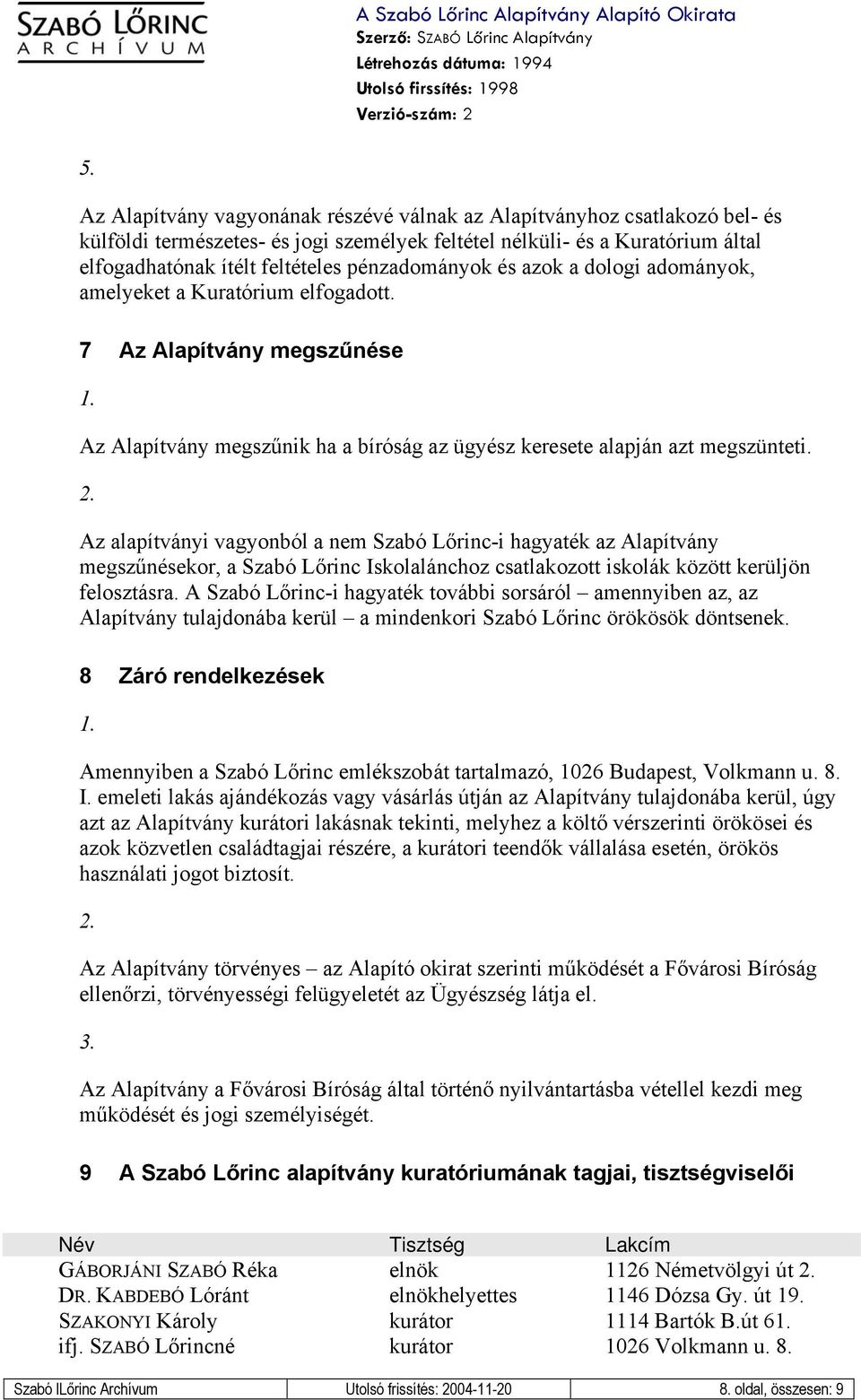 Az alapítványi vagyonból a nem Szabó Lőrinc-i hagyaték az Alapítvány megszűnésekor, a Szabó Lőrinc Iskolalánchoz csatlakozott iskolák között kerüljön felosztásra.