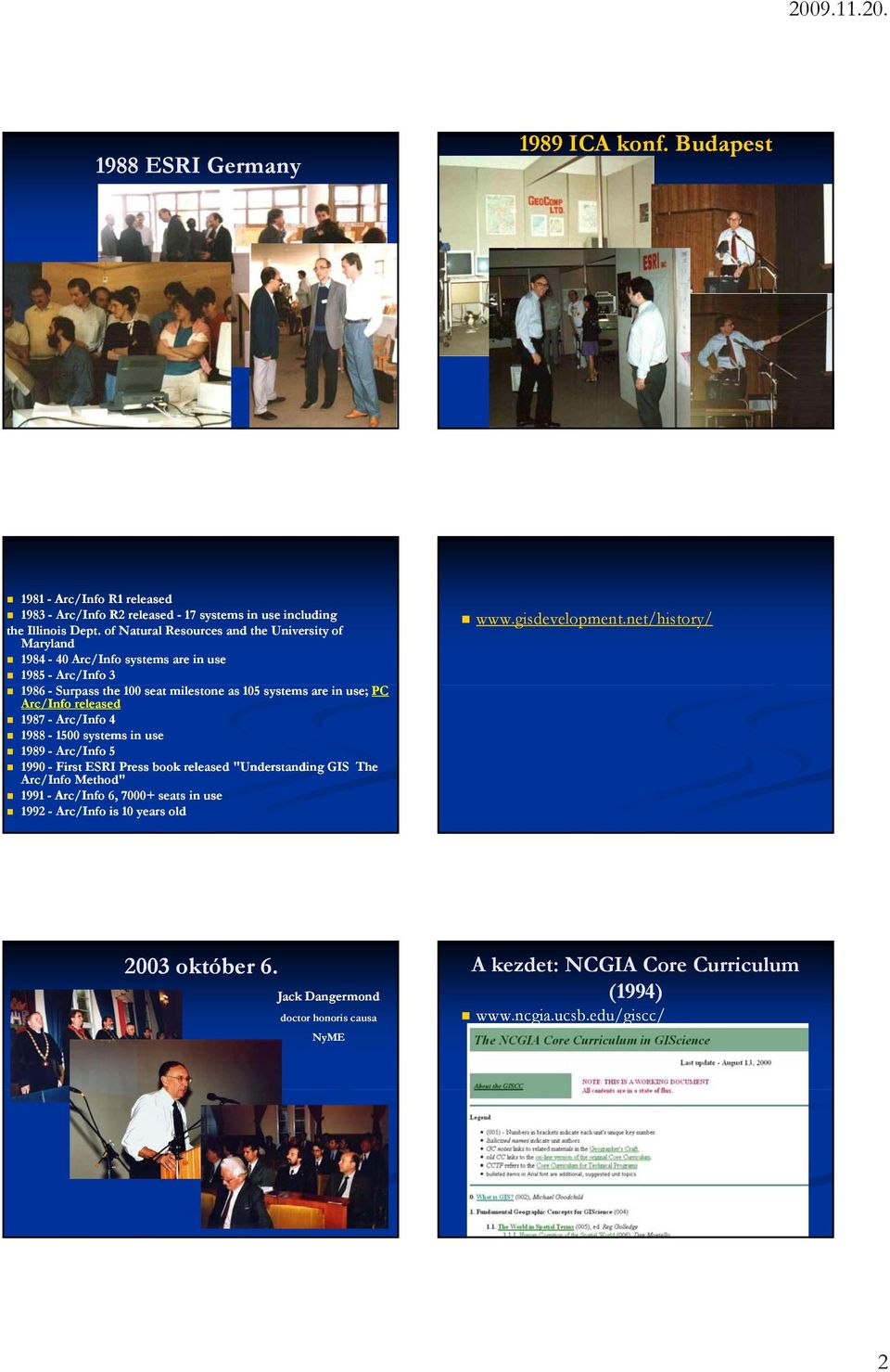 Arc/Info released 1987 - Arc/Info 4 1988-1500 systems in use 1989 - Arc/Info 5 1990 - First ESRI Press book released "Understanding GIS The Arc/Info Method" 1991 - Arc/Info 6,