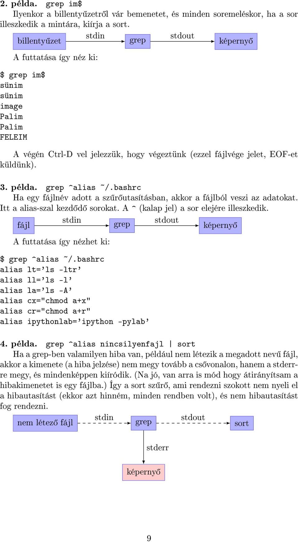 példa. grep ^alias ~/.bashrc Ha egy fájlnév adott a sz r utasításban, akkor a fájlból veszi az adatokat. Itt a alias-szal kezd d sorokat. A ^ (kalap jel) a sor elejére illeszkedik.