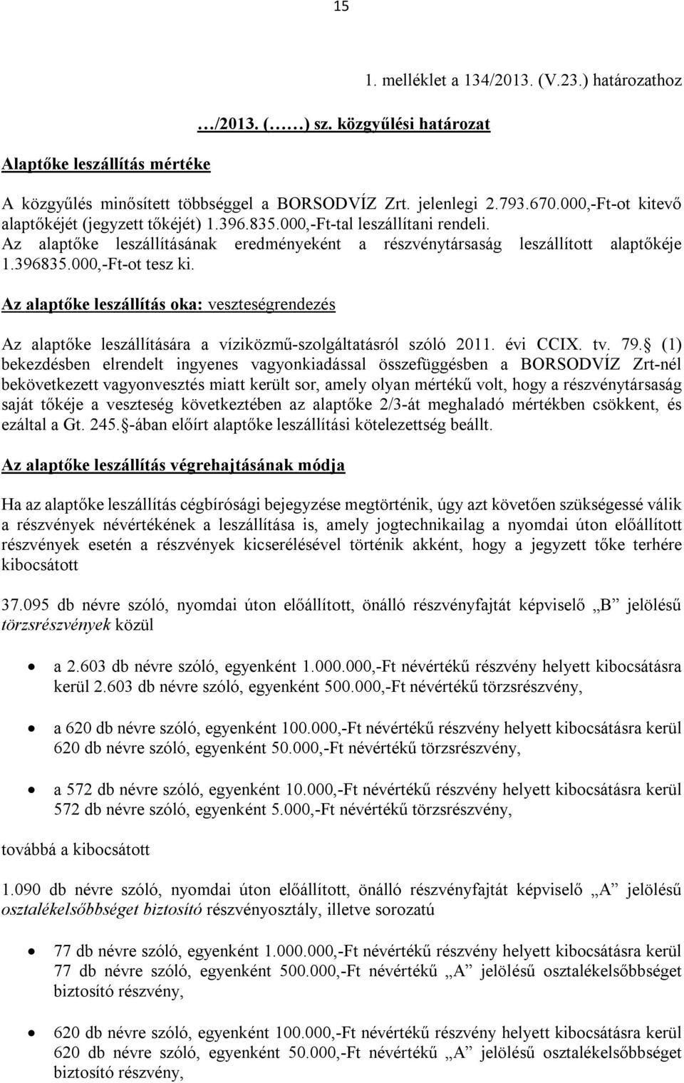 000,-Ft-ot tesz ki. Az alaptőke leszállítás oka: veszteségrendezés Az alaptőke leszállítására a víziközmű-szolgáltatásról szóló 2011. évi CCIX. tv. 79.