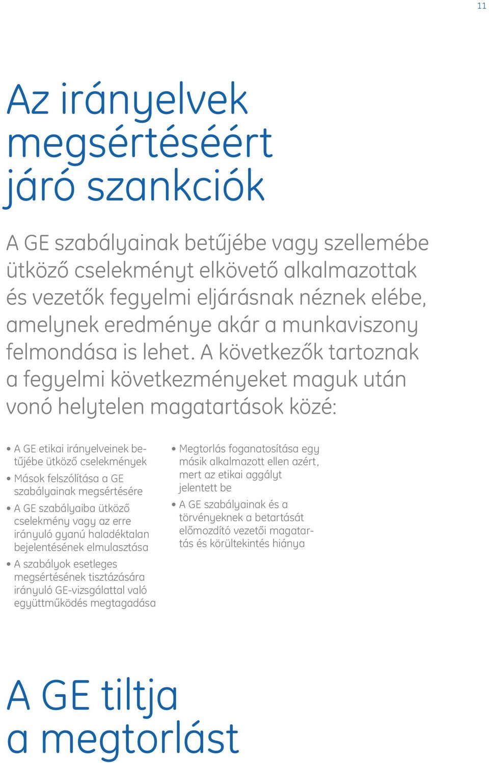 A következők tartoznak a fegyelmi következményeket maguk után vonó helytelen magatartások közé: A GE etikai irányelveinek betűjébe ütköző cselekmények Mások felszólítása a GE szabályainak