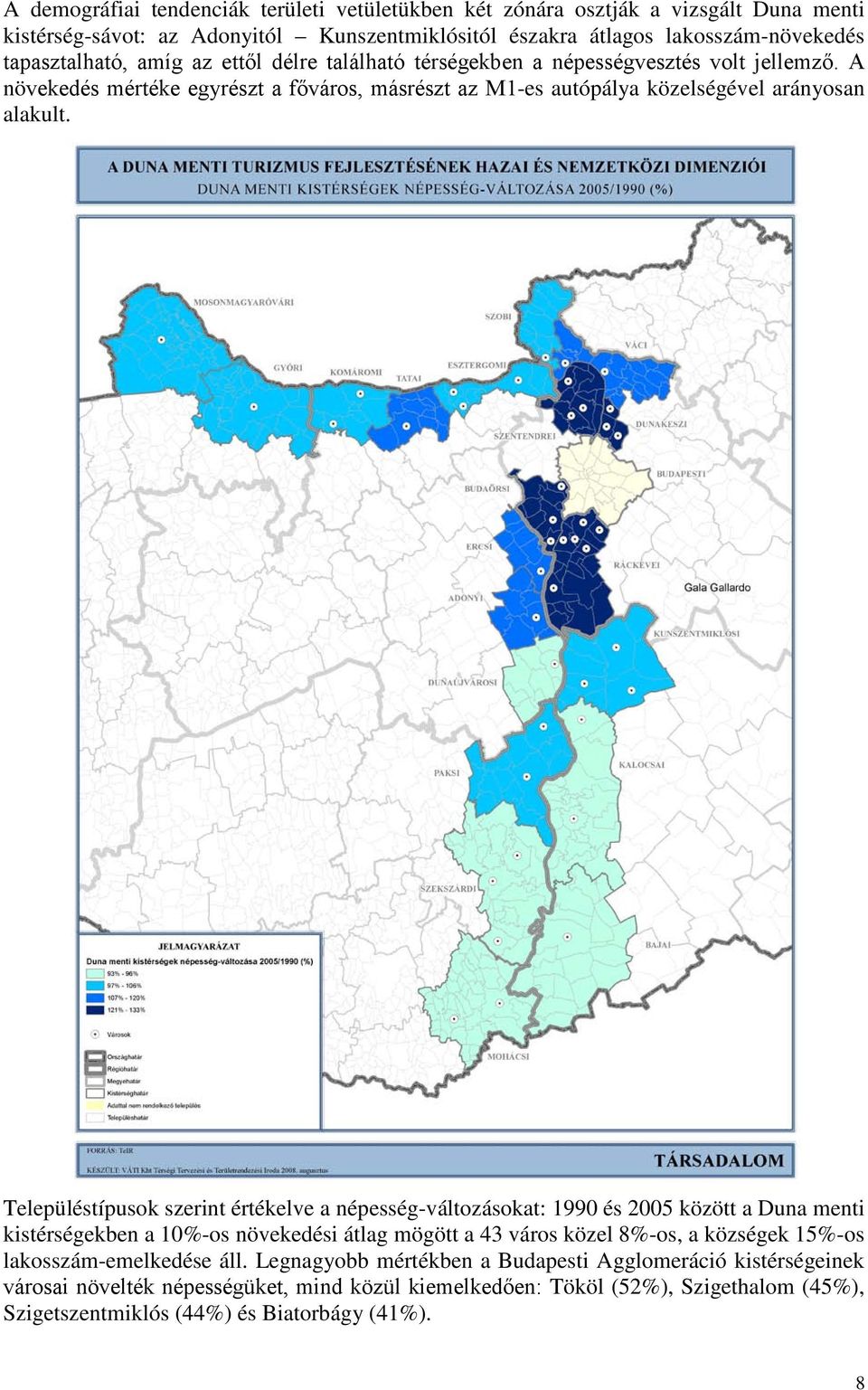 Településtípusok szerint értékelve a népesség-változásokat: 1990 és 2005 között a Duna menti kistérségekben a 10%-os növekedési átlag mögött a 43 város közel 8%-os, a községek 15%-os