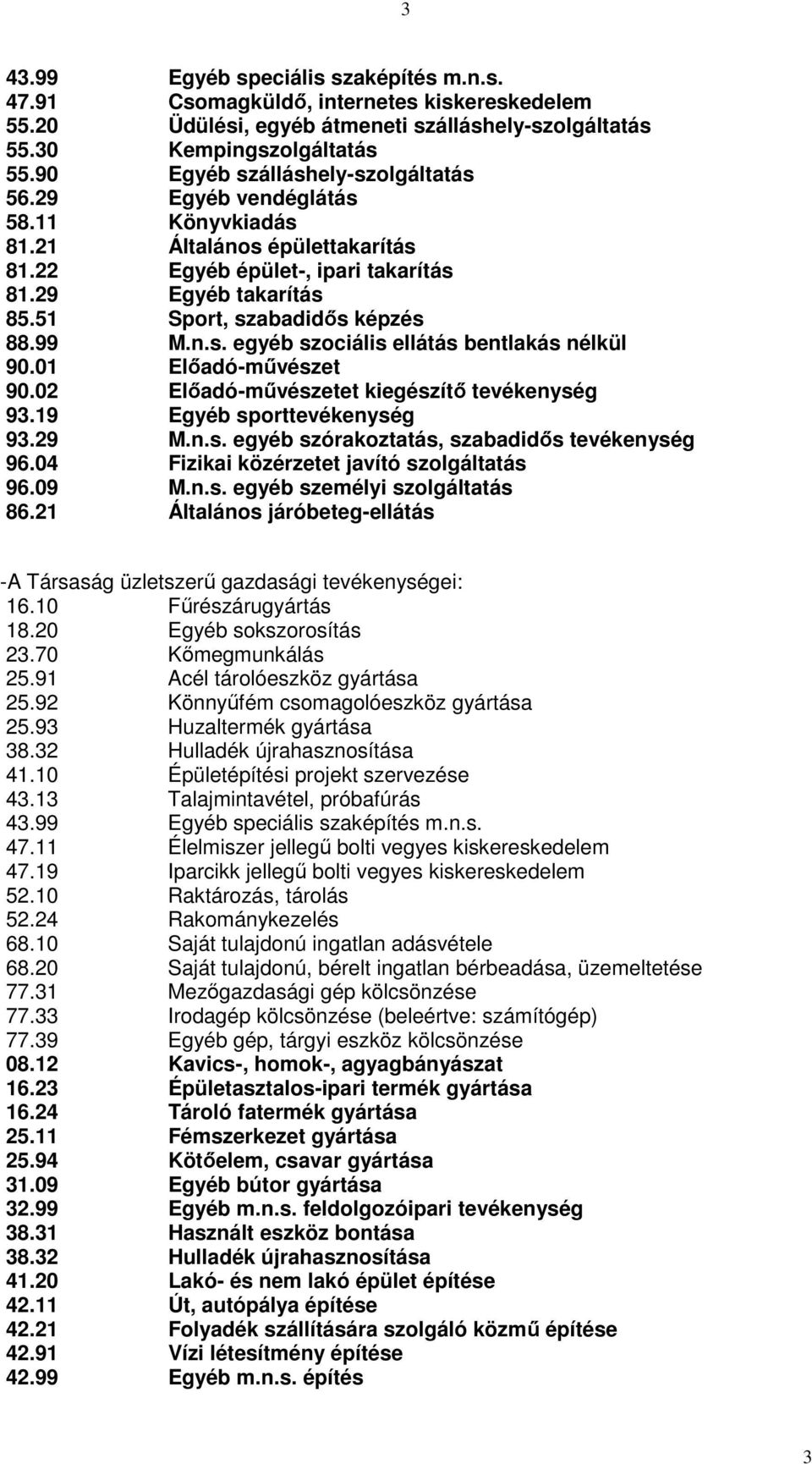 51 Sport, szabadidős képzés 88.99 M.n.s. egyéb szociális ellátás bentlakás nélkül 90.01 Előadó-művészet 90.02 Előadó-művészetet kiegészítő tevékenység 93.19 Egyéb sporttevékenység 93.29 M.n.s. egyéb szórakoztatás, szabadidős tevékenység 96.