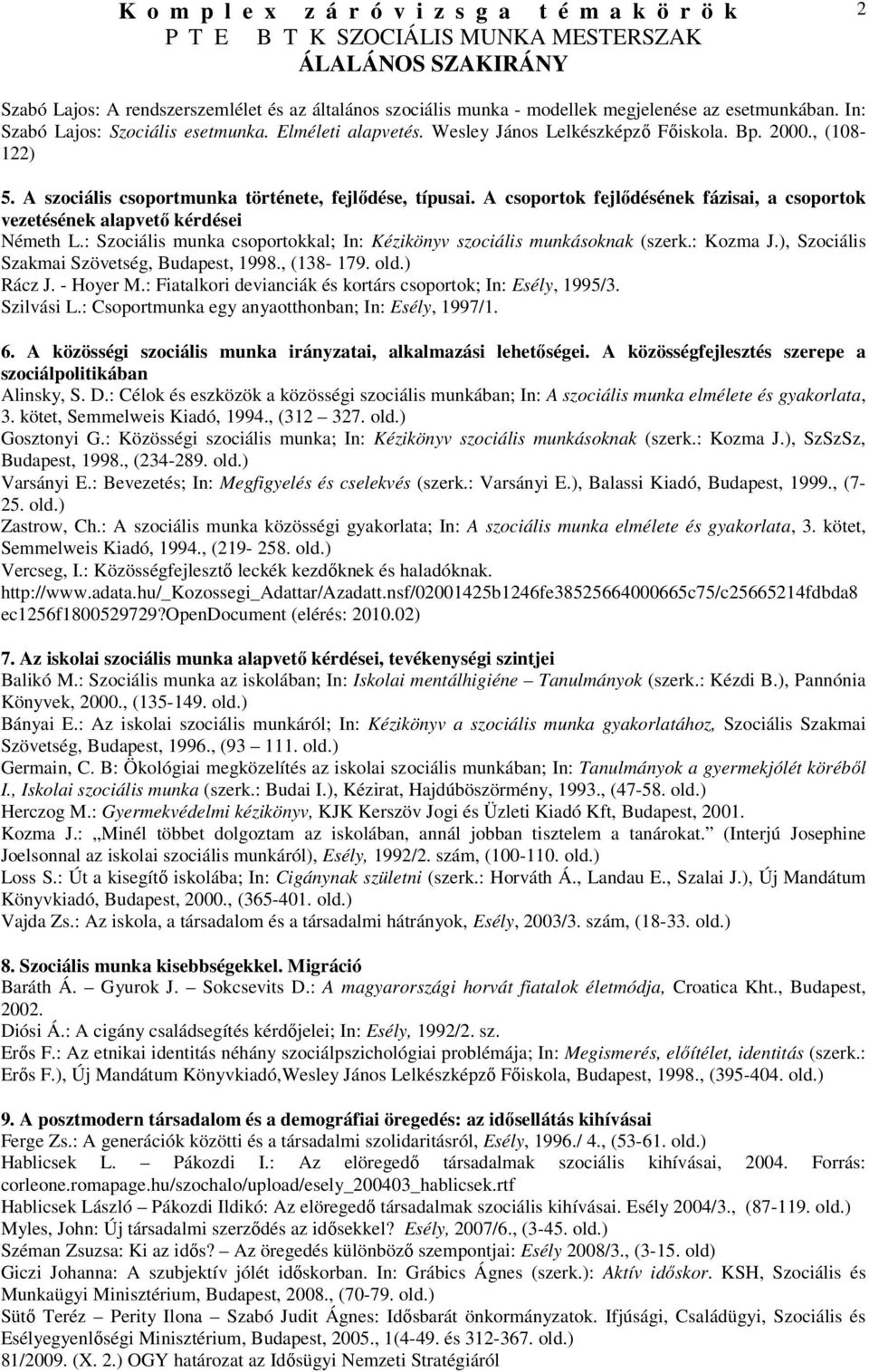 : Szociális munka csoportokkal; In: Kézikönyv szociális munkásoknak (szerk.: Kozma J.), Szociális Szakmai Szövetség, Budapest, 1998., (138-179. old.) Rácz J. - Hoyer M.