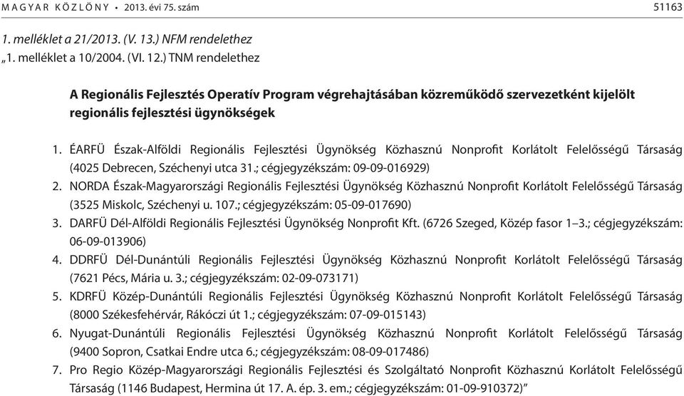 ÉARFÜ Észak-Alföldi Regionális Fejlesztési Ügynökség Közhasznú Nonprofit Korlátolt Felelősségű Társaság (4025 Debrecen, Széchenyi utca 31.; cégjegyzékszám: 09-09-016929) 2.