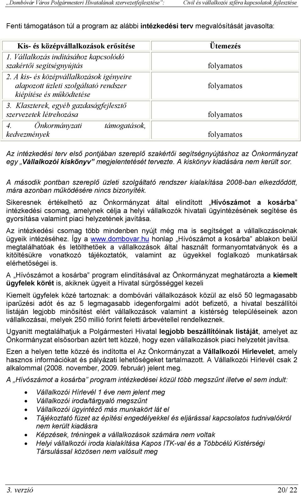 Önkormányzati támogatások, kedvezmények Ütemezés folyamatos folyamatos folyamatos folyamatos Az intézkedési terv első pontjában szereplő szakértői segítségnyújtáshoz az Önkormányzat egy Vállalkozói