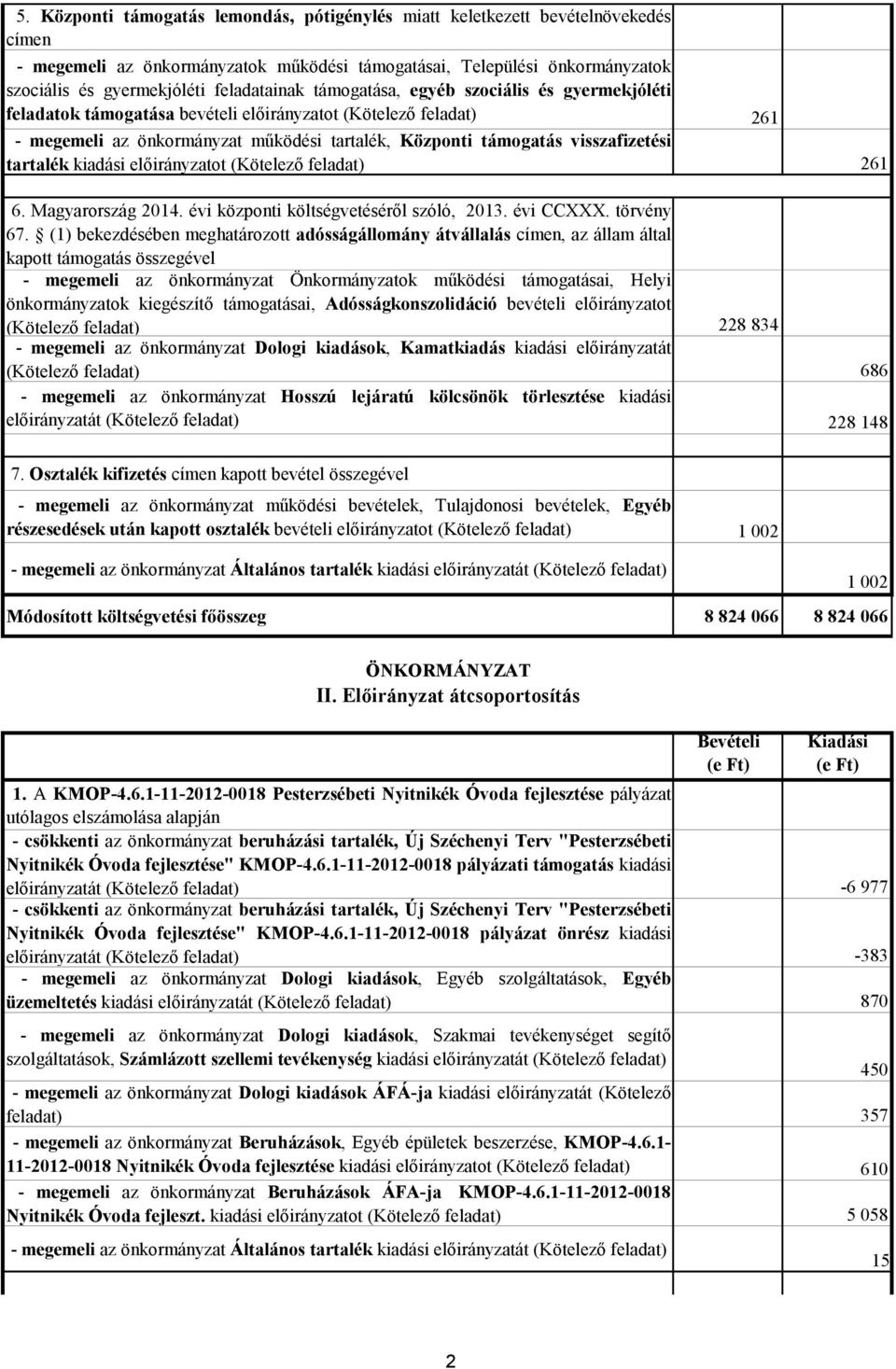 előirányzatot ( ) 261 6. Magyarország 2014. évi központi költségvetéséről szóló, 2013. évi CCXXX. törvény 67.