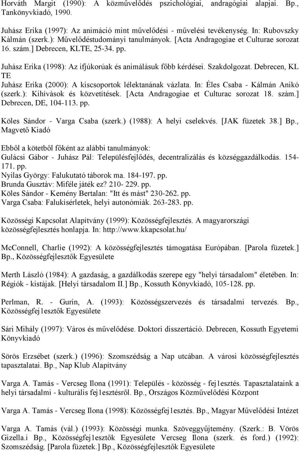 Juhász Erika (1998): Az ifjúkorúak és animálásuk főbb kérdései. Szakdolgozat. Debrecen, KL TE Juhász Erika (2000): A kiscsoportok lélektanának vázlata. In: Éles Csaba - Kálmán Anikó (szerk.