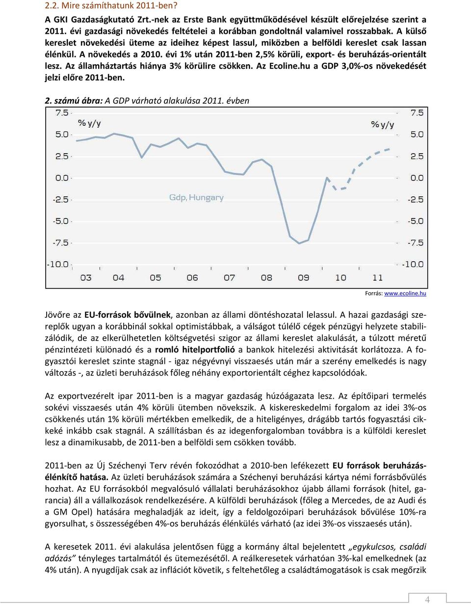 A növekedés a 2010. évi 1% után 2011-ben 2,5% körüli, export- és beruházás-orientált lesz. Az államháztartás hiánya 3% körülire csökken. Az Ecoline.hu a GDP 3,0%-os növekedését jelzi előre 2011-ben.