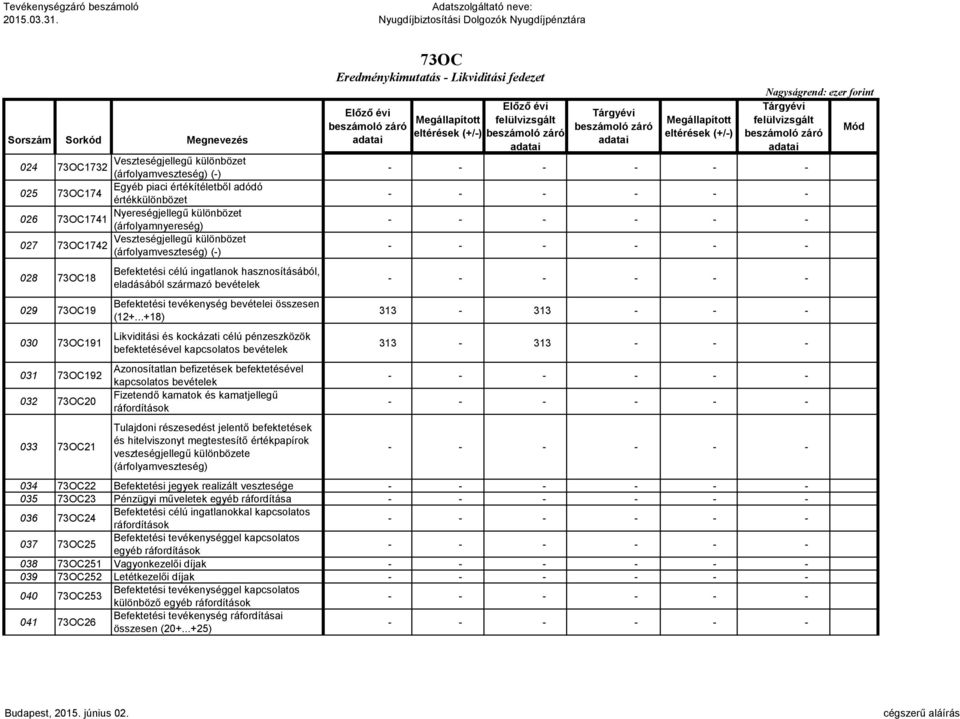 adódó értékkülönbözet 026 Nyereségjellegű különbözet 73OC1741 (árfolyamnyereség) 027 Veszteségjellegű különbözet 73OC1742 (árfolyamveszteség) (-) 028 73OC18 029 73OC19 030 73OC191 031 73OC192 032