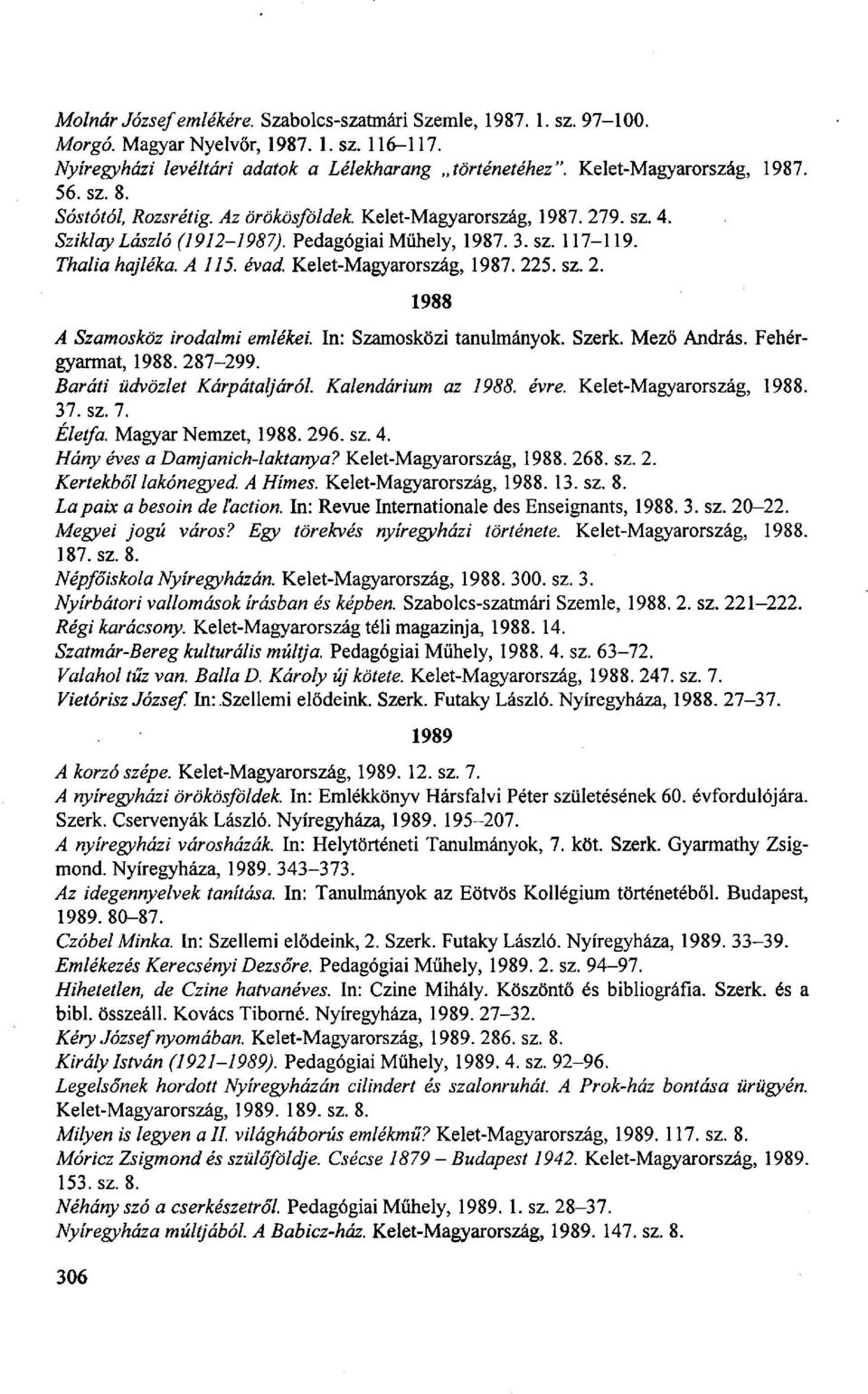 Kelet-Magyarország, 1987. 225. sz. 2. 1988 A Szamosköz irodalmi emlékei. In: Szamosközi tanulmányok. Szerk. Mező András. Fehérgyarmat, 1988. 287-299. Baráti üdvözlet Kárpátaljáról.