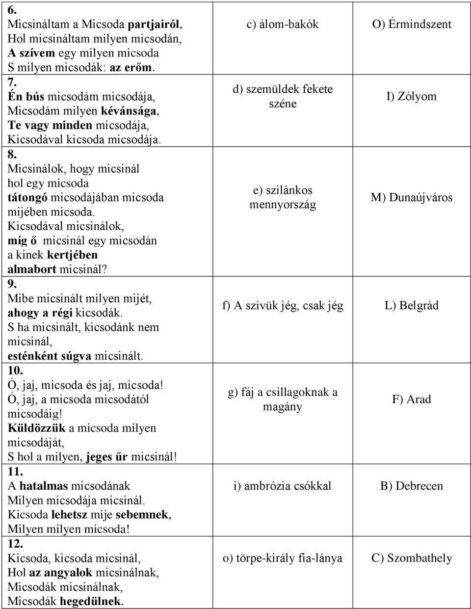 Kicsodával micsinálok, míg ő micsinál egy micsodán a kinek kertjében almabort micsinál? 9. Mibe micsinált milyen mijét, ahogy a régi kicsodák.