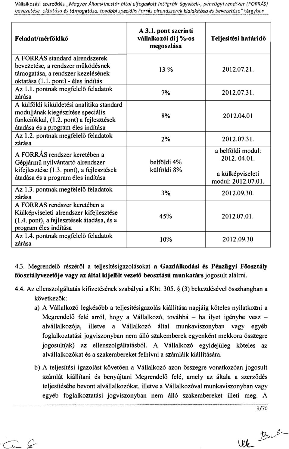 pnt szerinti Feladat/mérföldkő vállalkzói díj %-s Teljesítési határidő megszlása A FORRAS standard alrendszerek bevezetése, a rendszer működésnek támgatása, a rendszer kezelésének ktatása (1.