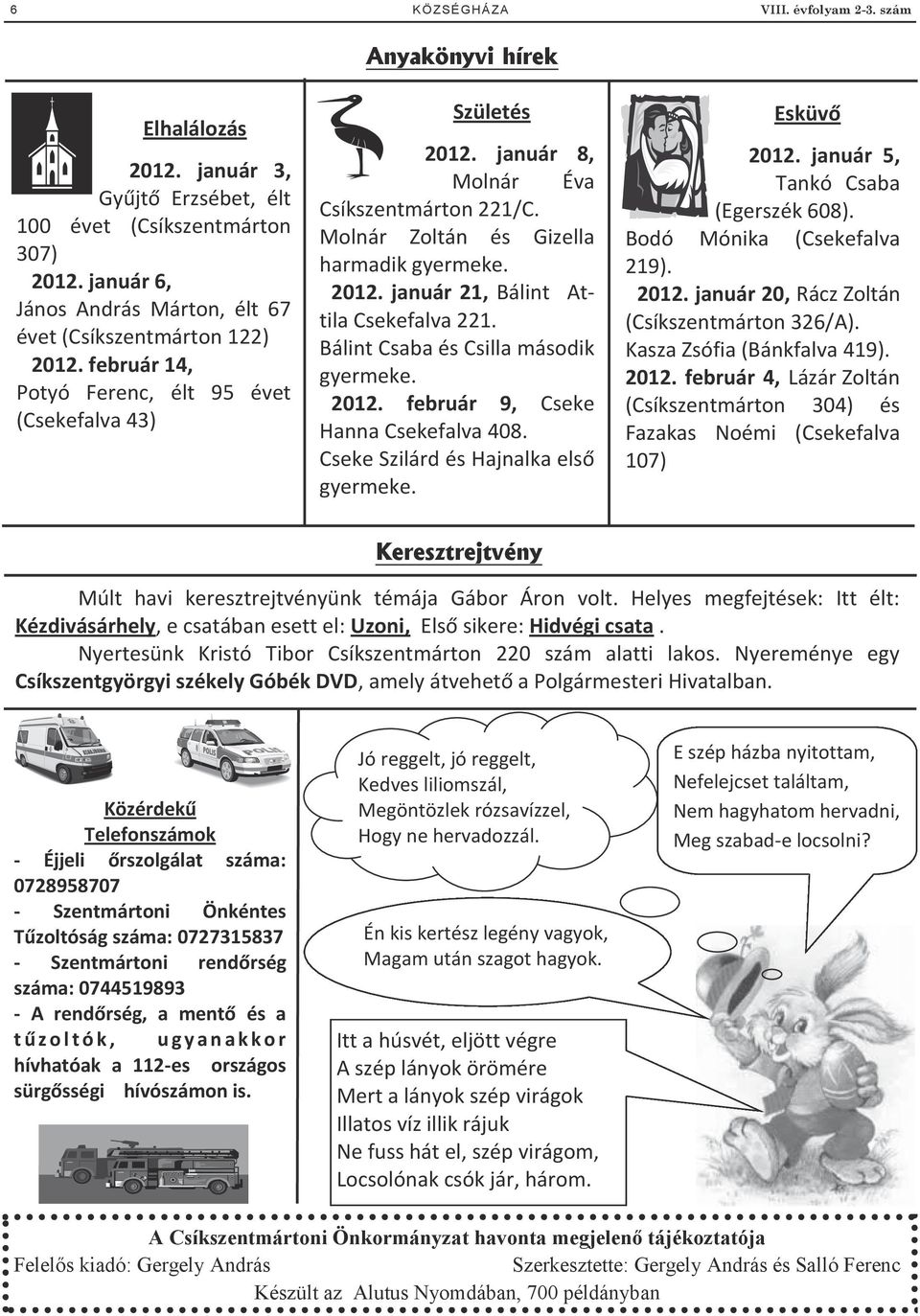 Molnár Zoltán és Gizella harmadik gyermeke. 2012. január 21, Bálint Attila Csekefalva 221. Bálint Csaba és Csilla második gyermeke. 2012. február 9, Cseke Hanna Csekefalva 408.