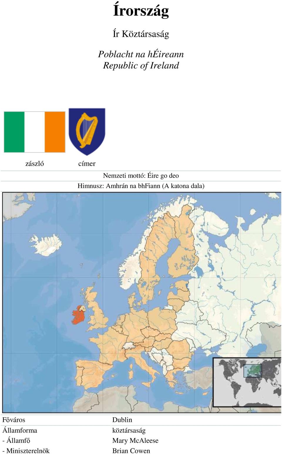 Amhrán na bhfiann (A katona dala) Fıváros Dublin Államforma