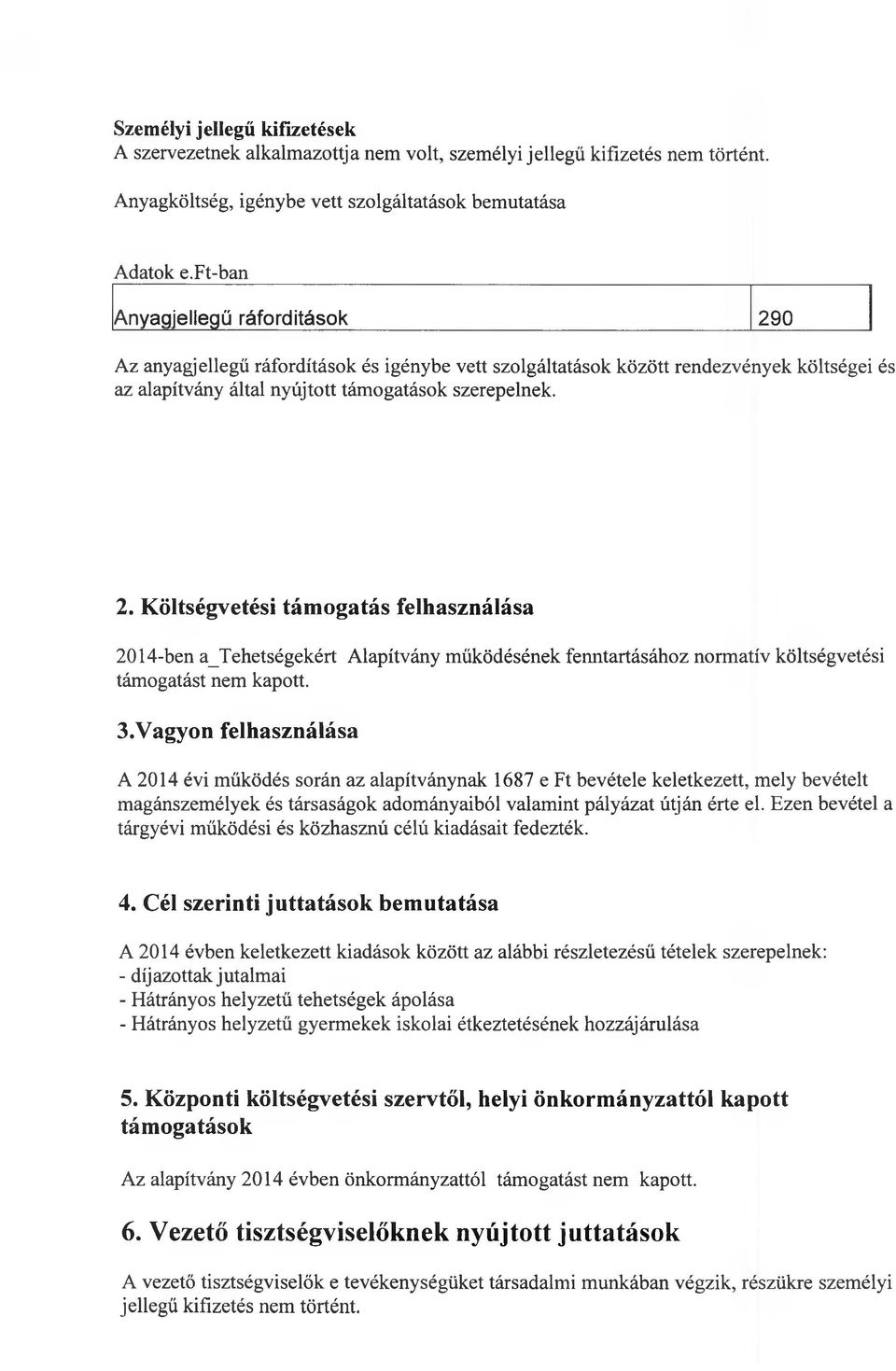 3. Vagyon felhasználása A 2014 évi működés során az alapítványnak 1687 e Ft bevétele keletkezett, mely bevételt magánszemélyek és társaságok adományaiból valamint pályázat útján érte el.