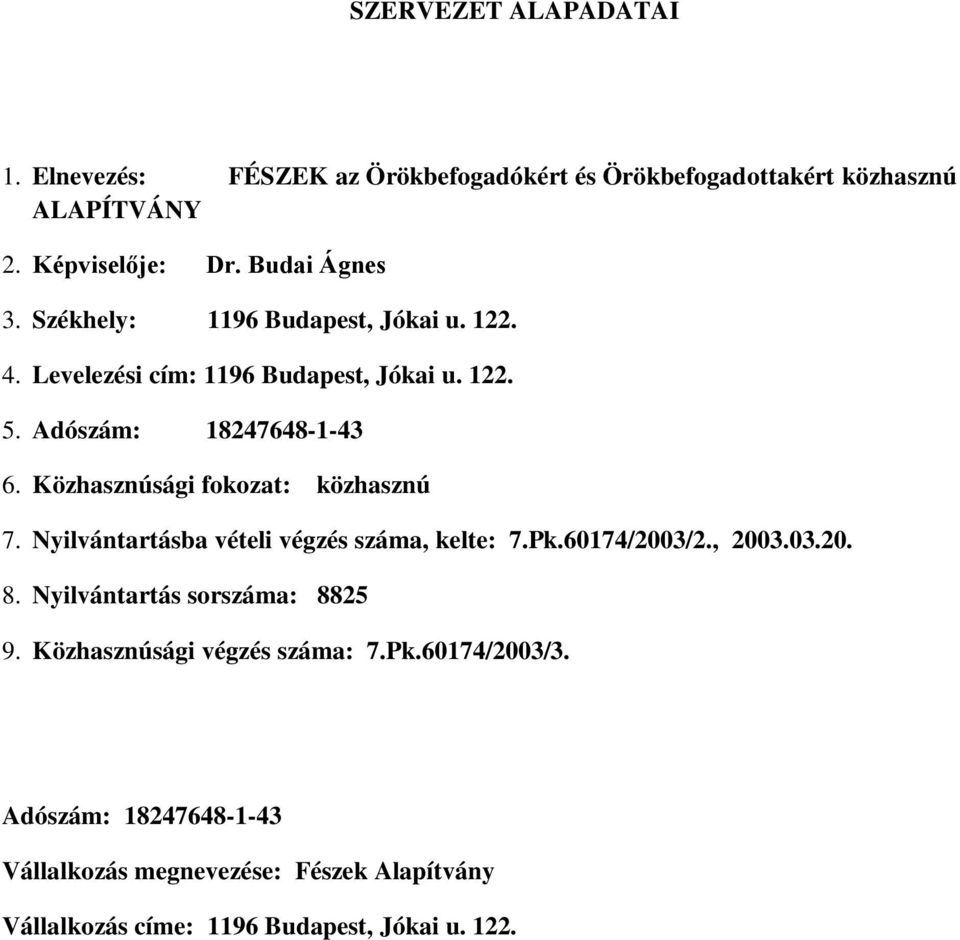 Közhasznúsági fokozat: közhasznú 7. Nyilvántartásba vételi végzés száma, kelte: 7.Pk.60174/2003/2., 2003.03.20. 8.