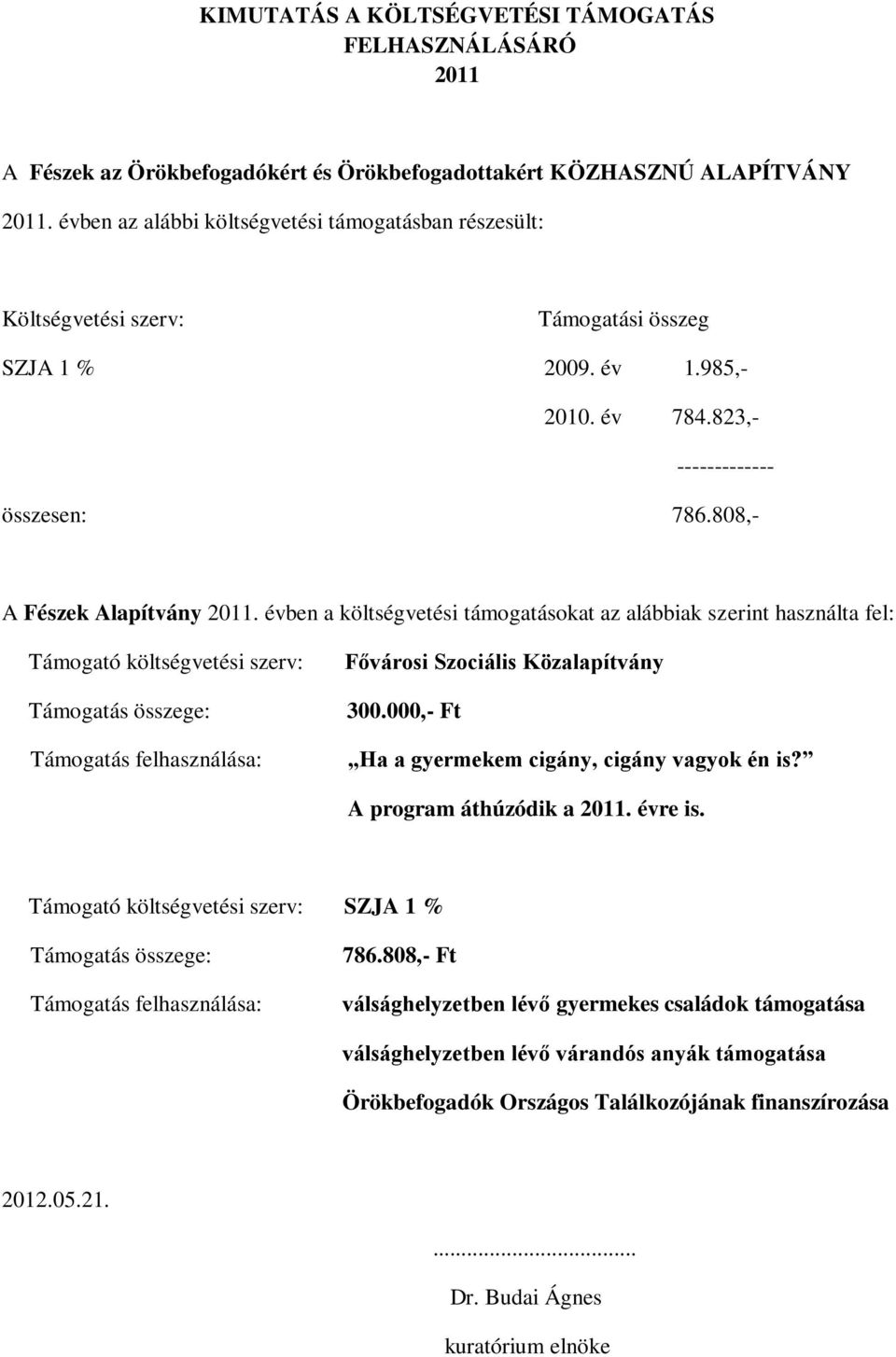 évben a költségvetési támogatásokat az alábbiak szerint használta fel: Támogató költségvetési szerv: Támogatás összege: Támogatás felhasználása: Fővárosi Szociális Közalapítvány 300.