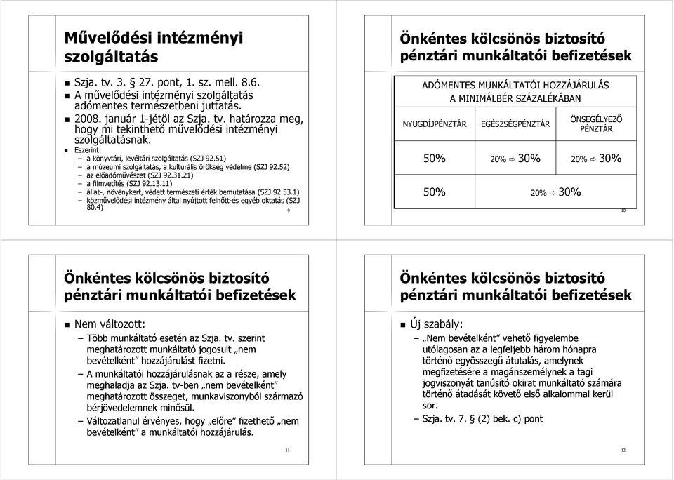 Eszerint: a könyvtári, levéltári szolgáltatás (SZJ 92.51) a múzeumi szolgáltatás, a kulturális örökség védelme (SZJ 92.52) az előadóművészet (SZJ 92.31.21) a filmvetítés (SZJ 92.13.