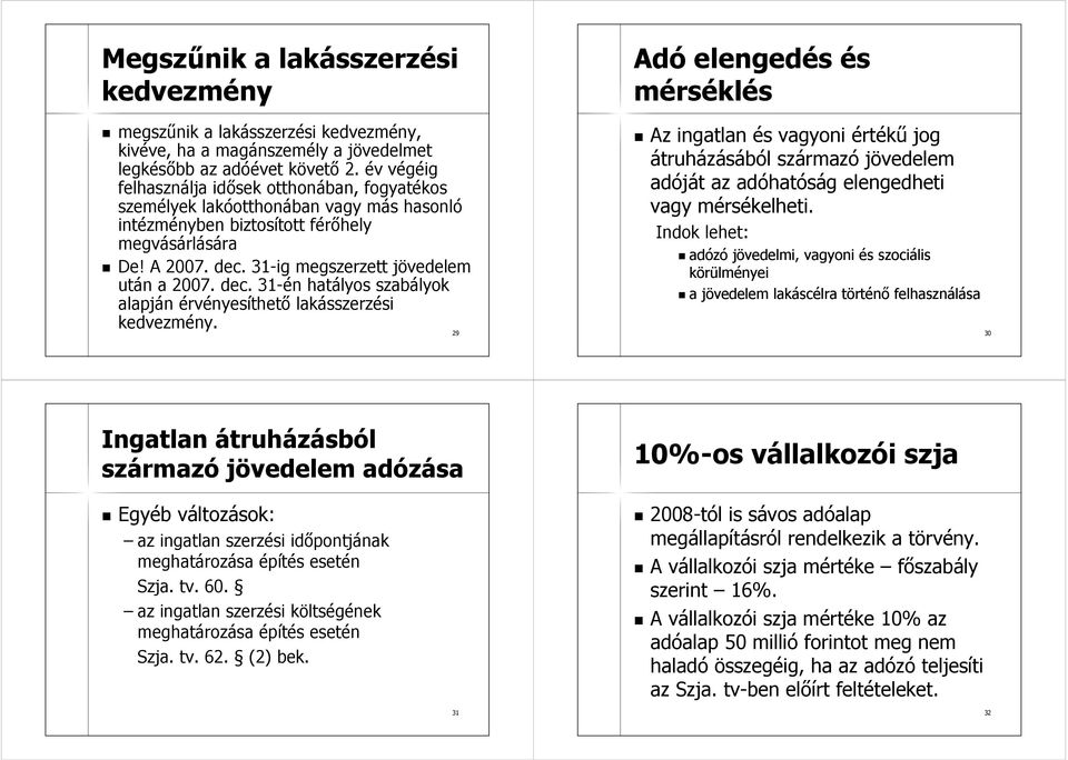 31-ig megszerzett jövedelem után a 2007. dec. 31-én hatályos szabályok alapján érvényesíthető lakásszerzési kedvezmény.