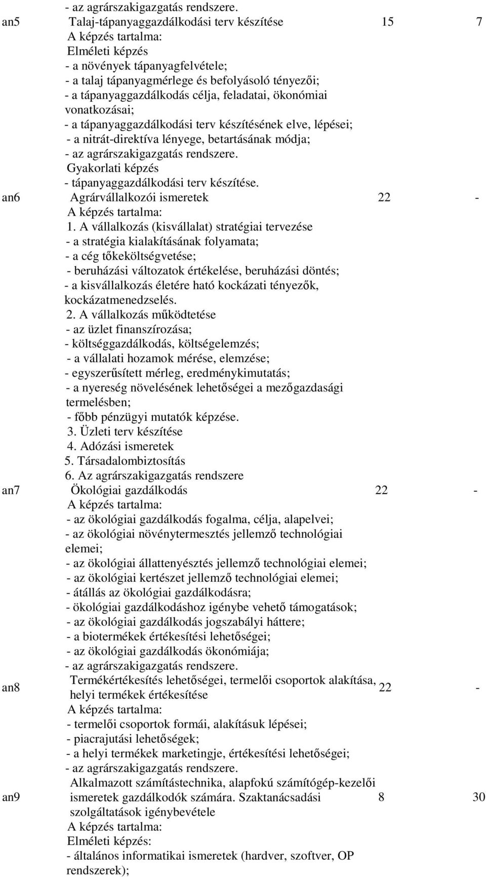 ökonómiai vonatkozásai; - a tápanyaggazdálkodási terv készítésének elve, lépései; - a nitrát-direktíva lényege, betartásának módja;  Gyakorlati képzés - tápanyaggazdálkodási terv készítése.